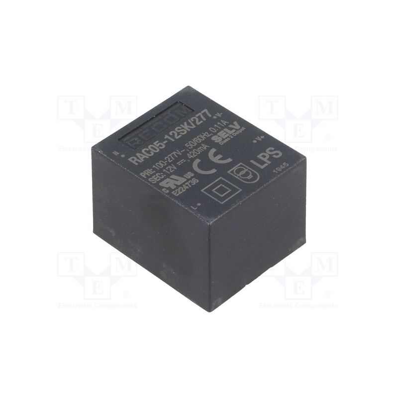 1 pcs x RECOM - RAC05-12SK/277 - Converter: AC/DC, 5W, 85÷305VAC, Usup: 120÷430VDC, Uout: 12VDC, 83%