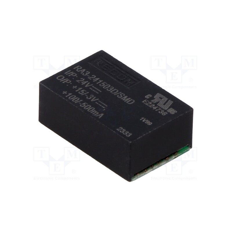 1 pcs x RECOM - RA3-241503D/SMD - Converter: DC/DC, 3W, Uin: 24V, Uout: 15VDC, Uout2: -3VDC, Iout: 100mA