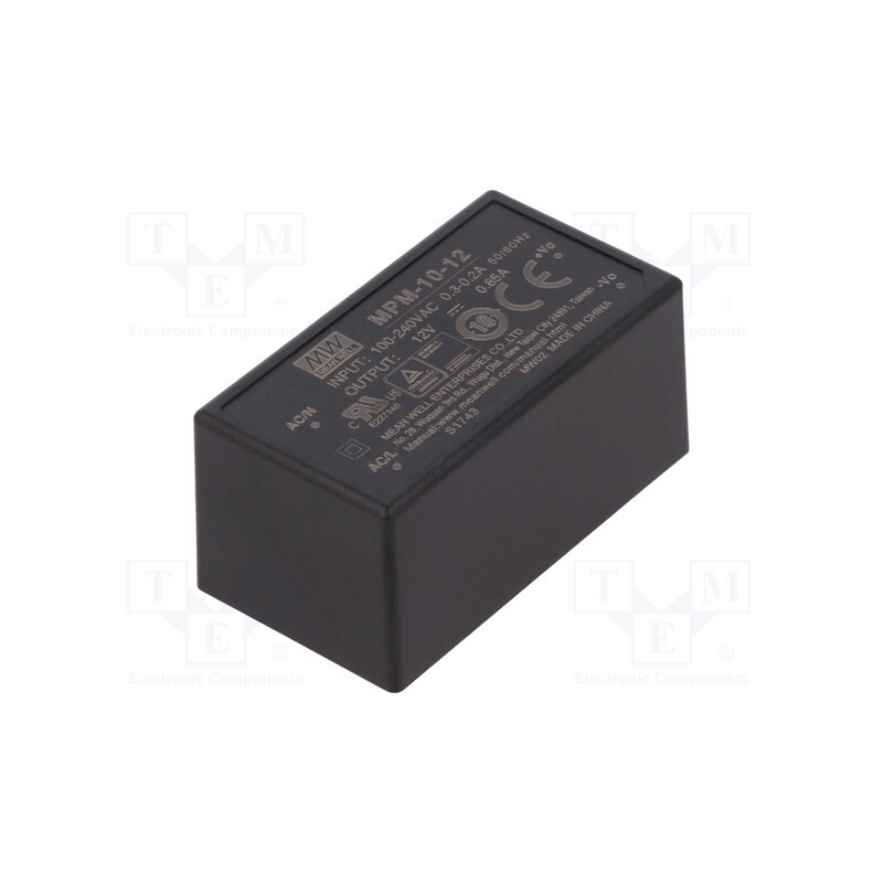 1 pcs x MEAN WELL - MPM-10-12 - Converter: AC/DC, 10W, 80÷264VAC, 12VDC, Iout: 850mA, OUT: 1, 83%, PCB