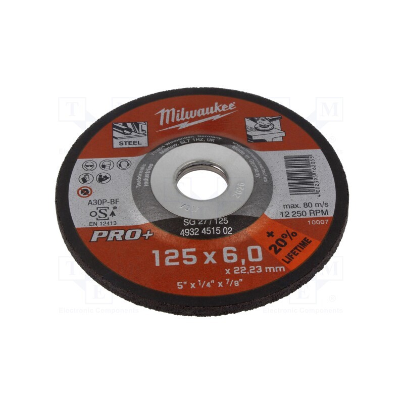 1 pcs x Milwaukee - 4932451502 - Grinding wheel, Ø: 125mm, Øhole: 22.2mm, Disc thick: 6mm, steel