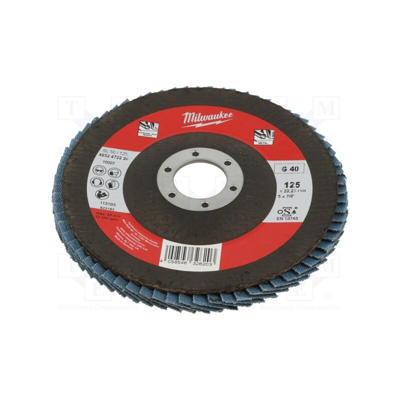 1 pcs x Milwaukee - 4932472224 - Flap grinding wheels, Ø: 125mm, Øhole: 22.2mm, Granularity: 40