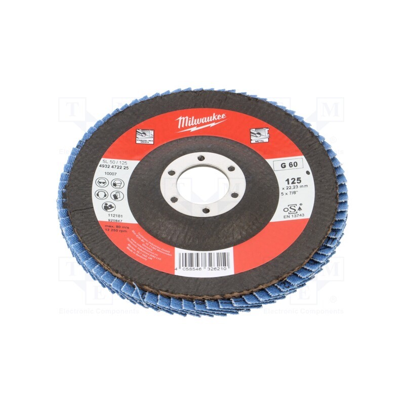 1 pcs x Milwaukee - 4932472225 - Flap grinding wheels, Ø: 125mm, Øhole: 22.2mm, Granularity: 60