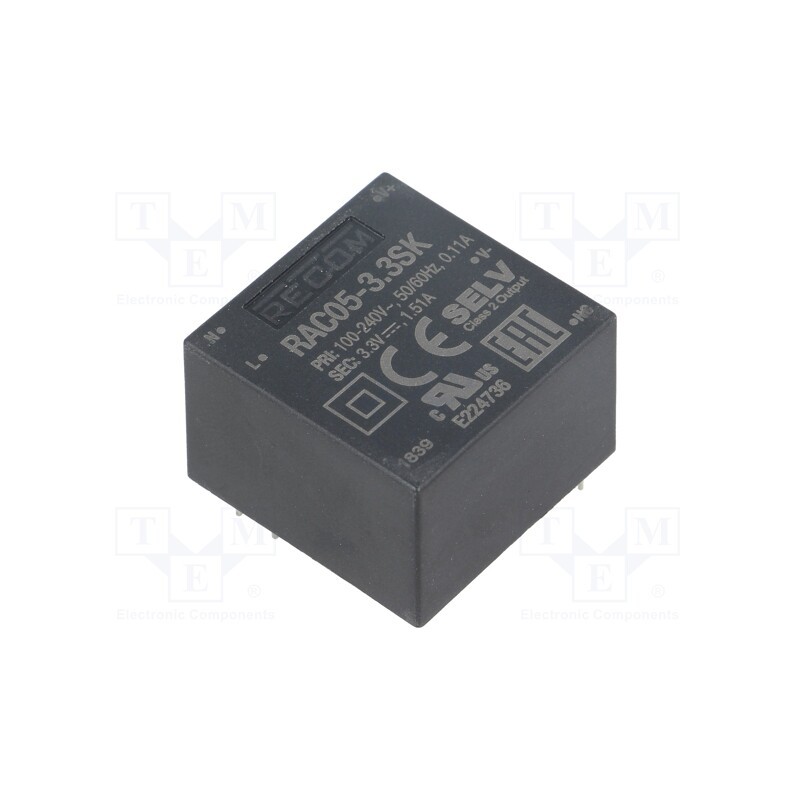 1 pcs x RECOM - RAC05-3.3SK - Converter: AC/DC, 5W, 85÷264VAC, Usup: 120÷370VDC, Uout: 3.3VDC