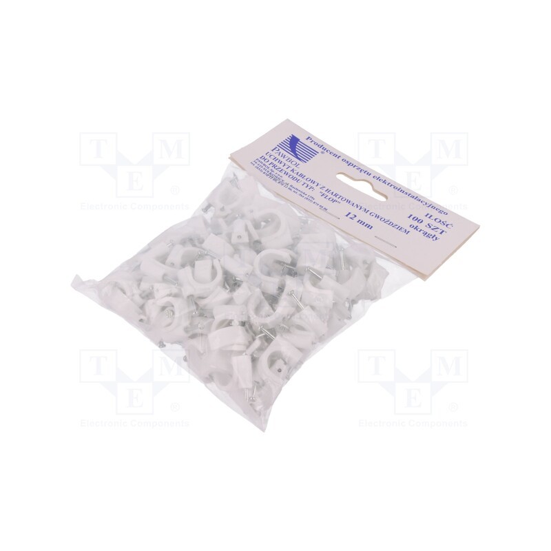 1 pcg x PAWBOL - H.7009A -100 - Holder, white, on round cable, 100pcs, with a nail, 12mm