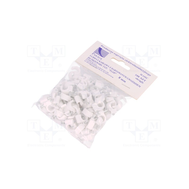 1 pcg x PAWBOL - H.7007A -100 - Holder, white, on round cable, 100pcs, with a nail, 8mm