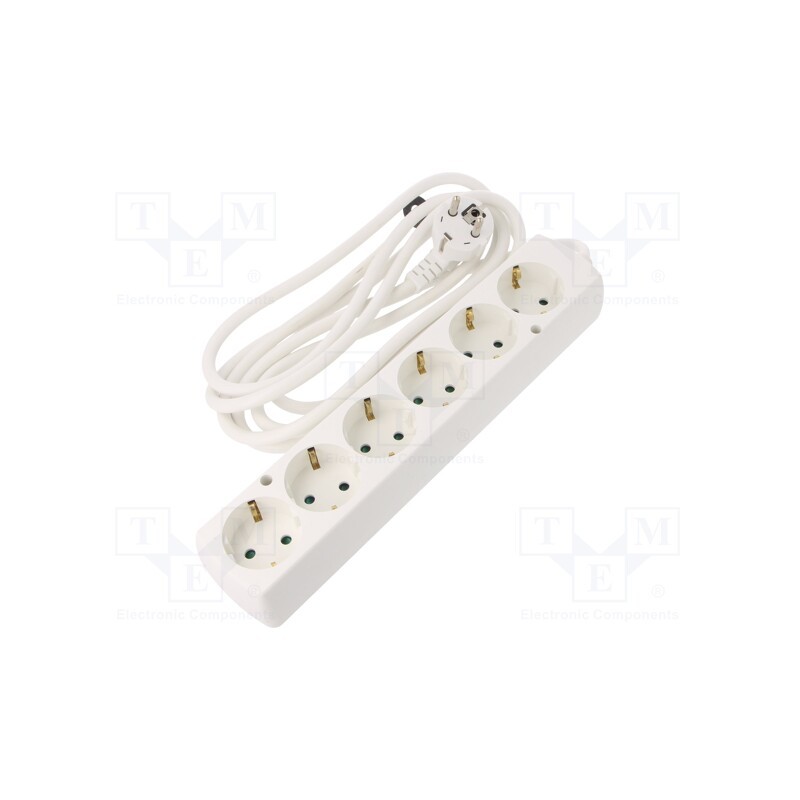 1 pcs x PLASTROL - T-97487 - Extension lead, 3x1.5mm2, Schuko, Sockets: 6, white, 3m, 16A