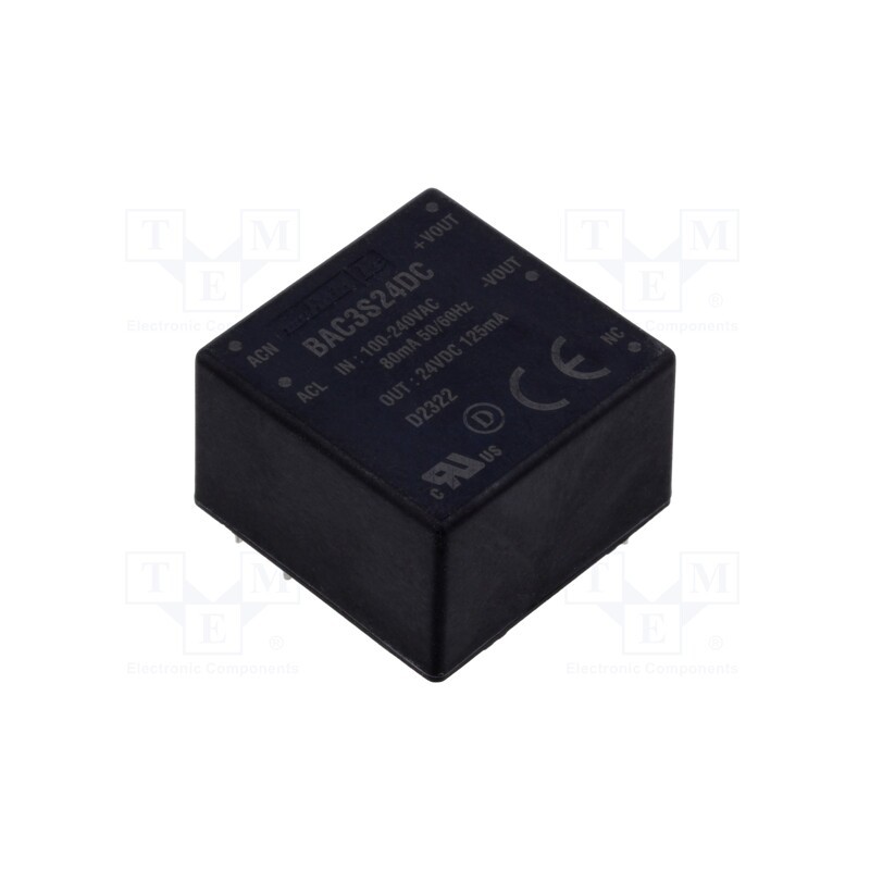 1 pcs x Murata Power Solutions - BAC3S24DC - Converter: AC/DC, 3W, 85÷264VAC, Usup: 120÷370VDC, Uout: 24VDC, 78%
