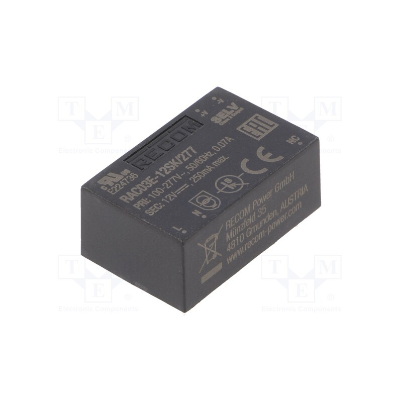 1 pcs x RECOM - RAC03E-12SK/277 - Converter: AC/DC, 3W, 85÷305VAC, 12VDC, Iout: 250mA, 75%, PCB, 4000V