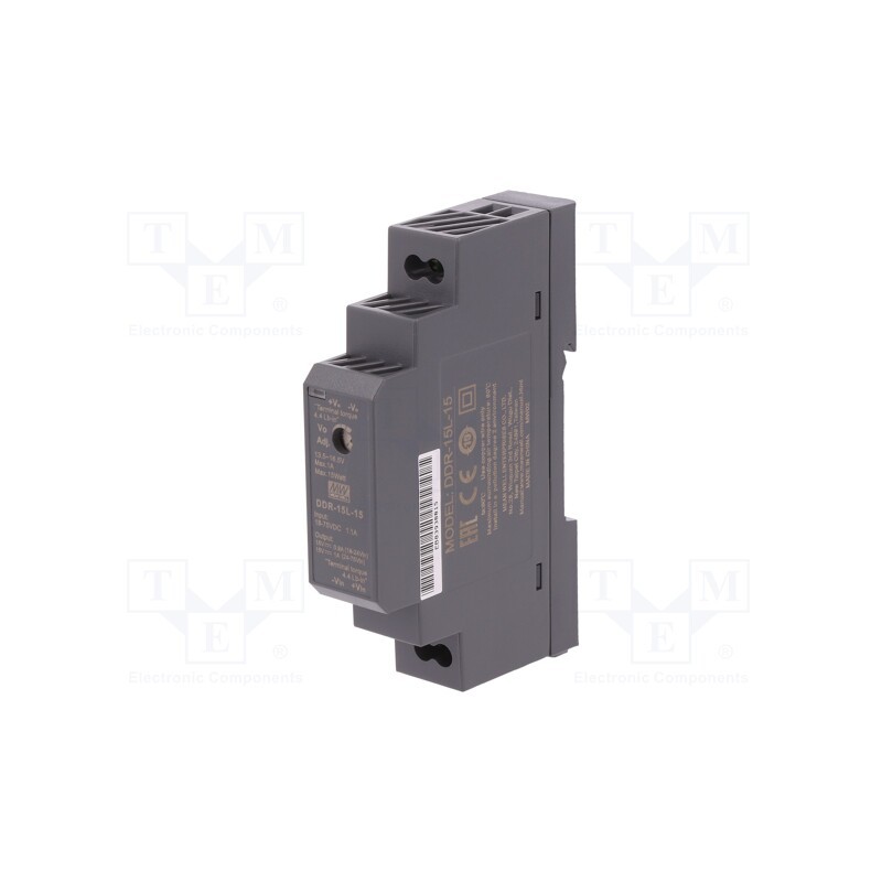 1 pcs x MEAN WELL - DDR-15L-15 - Converter: DC/DC, 15W, Uout: 15VDC, Iout: 1A, 17.5x90x54.5mm, DDR
