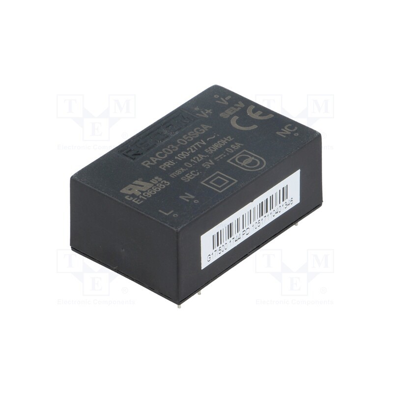 1 pcs x RECOM - RAC03-05SGA - Converter: AC/DC, 3W, 85÷305VAC, Usup: 120÷430VDC, Uout: 5VDC, 72%