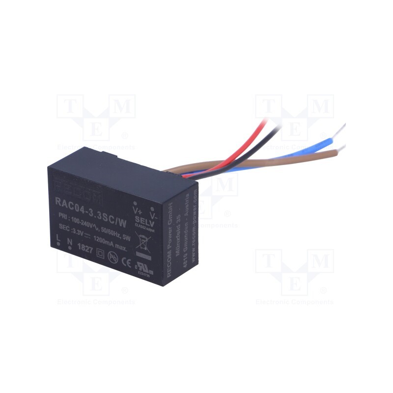 1 pcs x RECOM - RAC04-3.3SC/W - Converter: AC/DC, 4W, 80÷264VAC, Usup: 115÷370VDC, Uout: 3.3VDC
