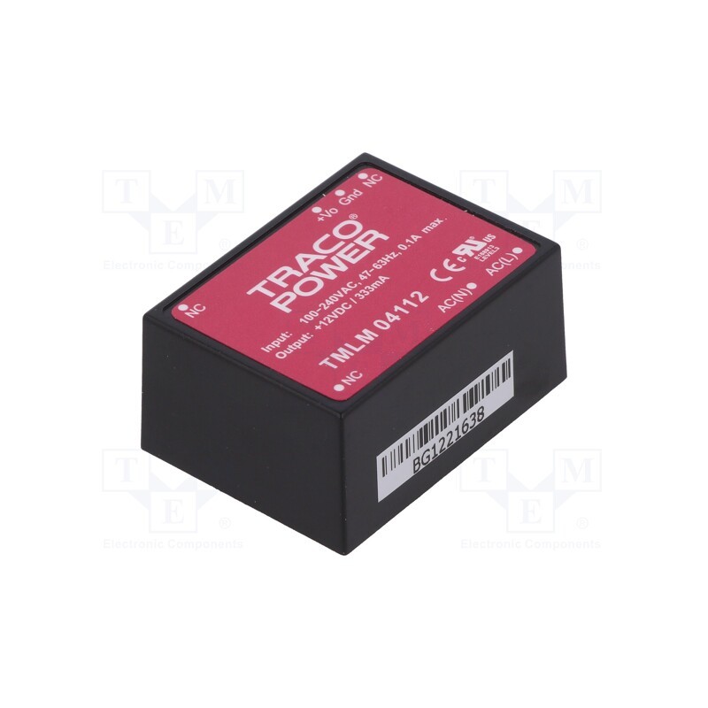 1 pcs x TRACO POWER - TMLM 04112 - Converter: AC/DC, 4W, 90÷264VAC, Usup: 120÷370VDC, Uout: 12VDC, 70%