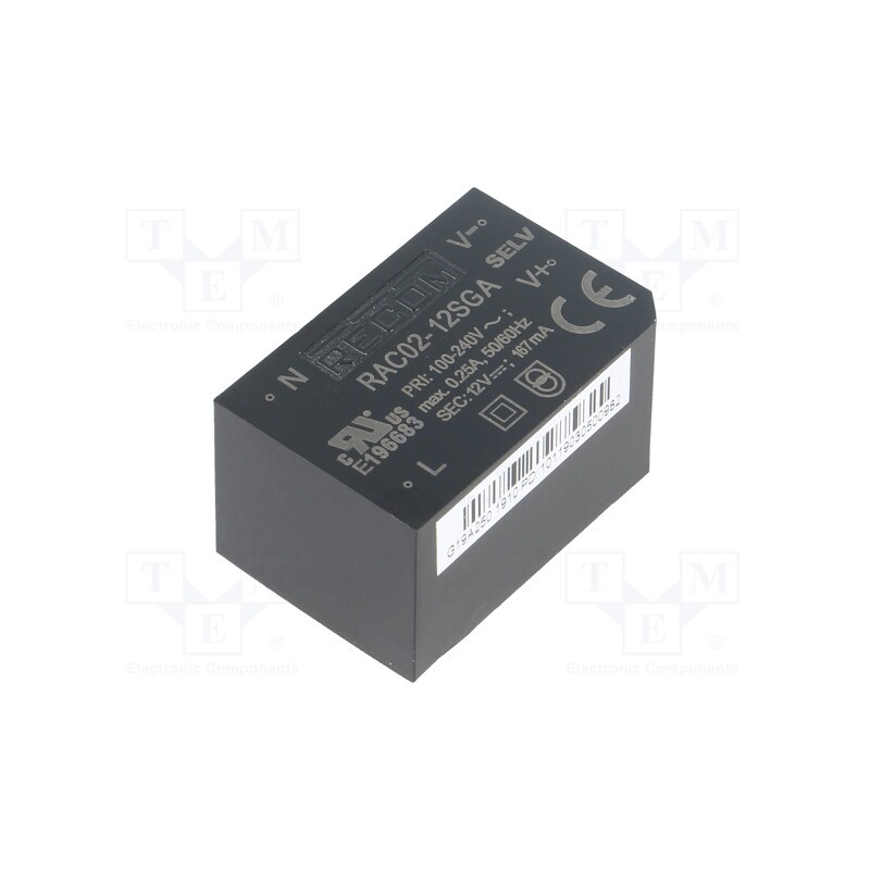 1 pcs x RECOM - RAC02-12SGA - Converter: AC/DC, 2W, 85÷264VAC, 12VDC, Iout: 167mA, 68%, PCB, 3000V