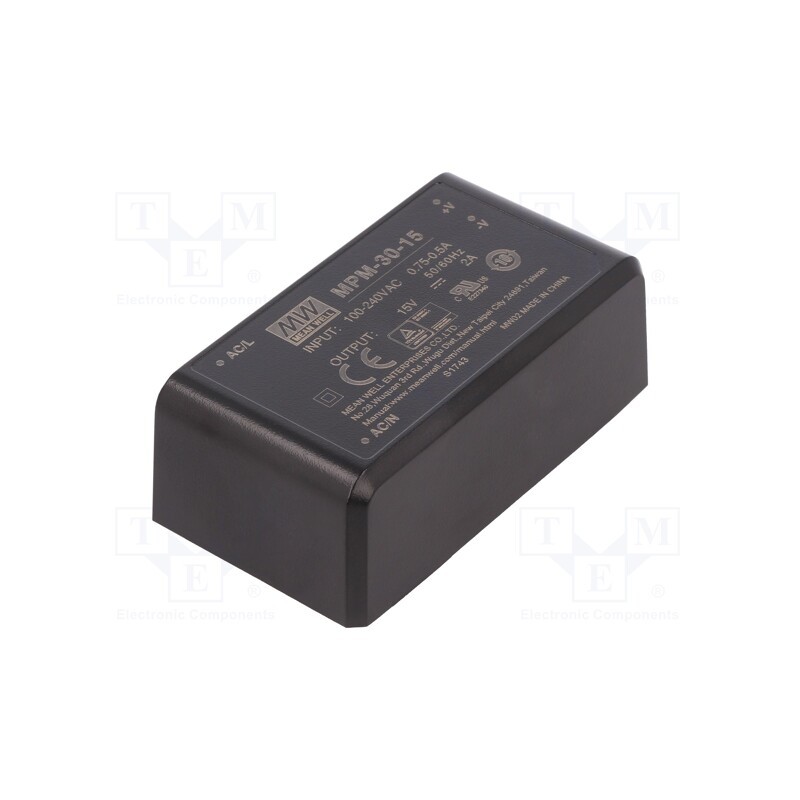 1 pcs x MEAN WELL - MPM-30-15 - Converter: AC/DC, 30W, 80÷264VAC, 15VDC, Iout: 2A, OUT: 1, 89%, PCB