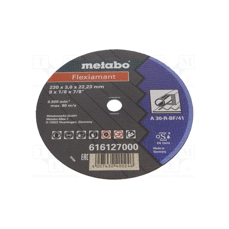 1 pcs x METABO - 616127000 - Cutting wheel, Ø: 230mm, Øhole: 22.2mm, Disc thick: 3mm, steel