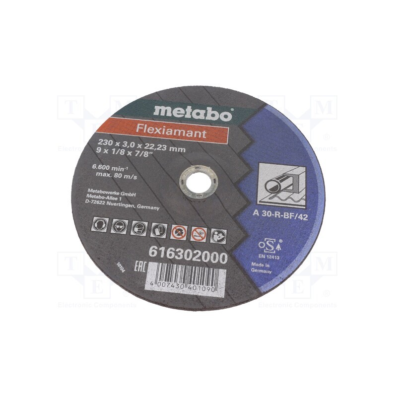 1 pcs x METABO - 616302000 - Cutting wheel, Ø: 230mm, Øhole: 22.2mm, Disc thick: 3mm, steel