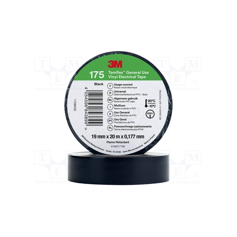 1 rol x 3M - 175BK5E - Tape: electrical insulating, W: 19mm, L: 20m, Thk: 0.19mm, black