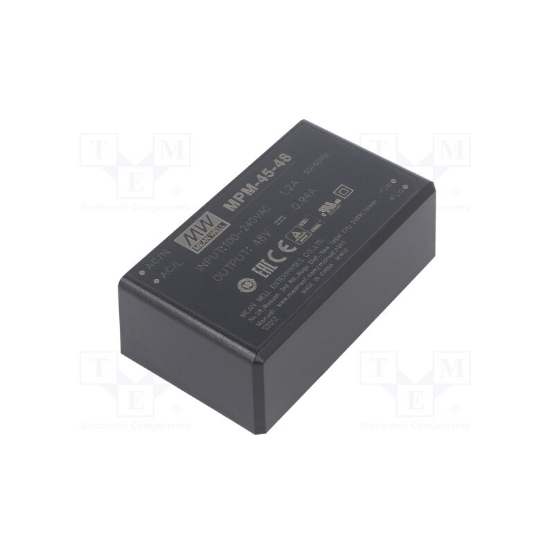 1 pcs x MEAN WELL - MPM-45-48 - Converter: AC/DC, 45W, 80÷264VAC, 48VDC, Iout: 940mA, OUT: 1, 92%, PCB