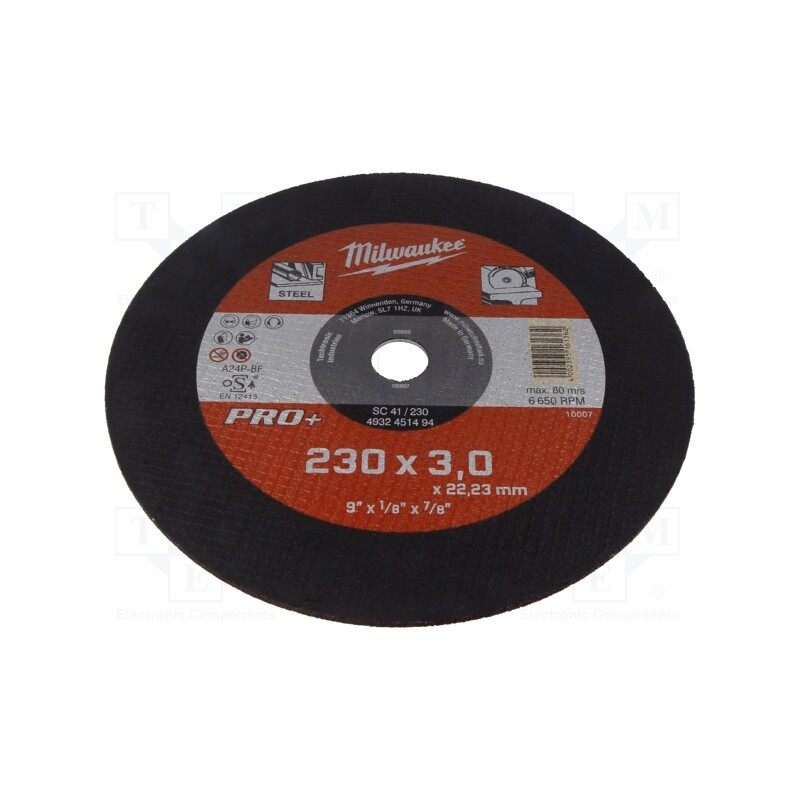 1 pcs x Milwaukee - 4932451494 - Cutting wheel, Ø: 230mm, Øhole: 22.2mm, Disc thick: 3mm, tool steel
