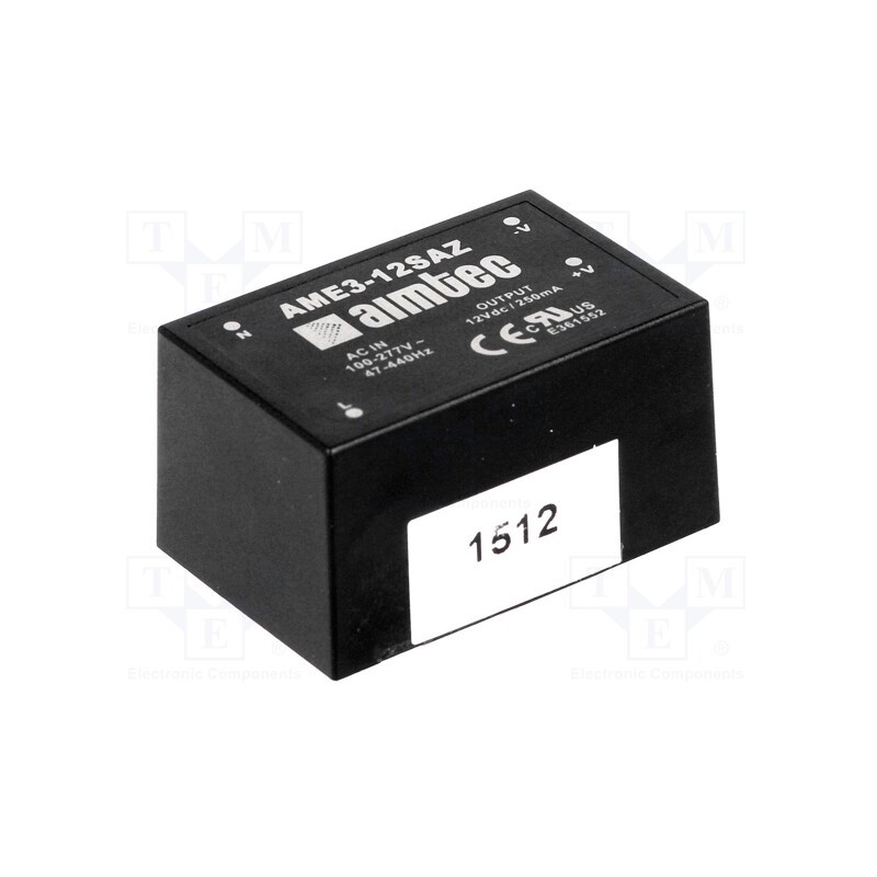 1 pcs x AIMTEC - AME3-5SAZ - Converter: AC/DC, 3W, 90÷305VAC, Usup: 130÷430VDC, Uout: 5VDC, 67%