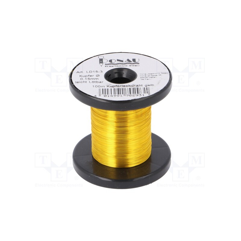 1 rol x DONAU ELEKTRONIK - LD15-3 - Silver plated copper wires, 0.15mm, 0.029kg, yellow, 100m