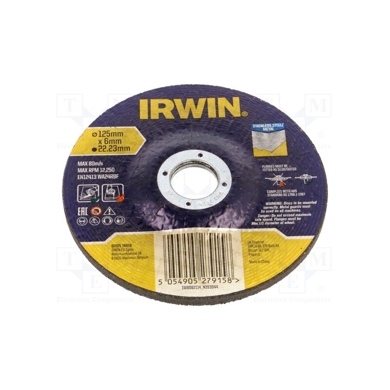 1 pcs x IRWIN - IW8082114 - Grinding wheel, Ø: 125mm, Øhole: 22.23mm, metal,stainless steel