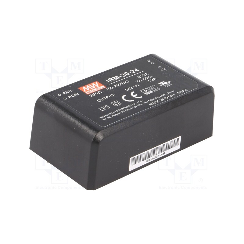 1 pcs x MEAN WELL - IRM-30-24 - Converter: AC/DC, 31.2W, 85÷264VAC, 24VDC, Iout: 1300mA, OUT: 1, PCB