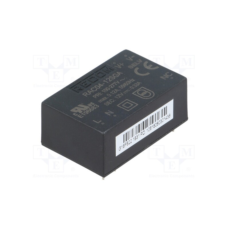 1 pcs x RECOM - RAC04-12SGA - Converter: AC/DC, 4W, 85÷305VAC, Usup: 120÷430VDC, Uout: 12VDC, 78%