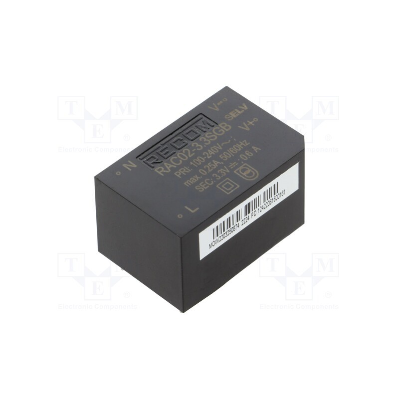 1 pcs x RECOM - RAC02-3.3SGB - Converter: AC/DC, 2W, 85÷264VAC, 3.3VDC, Iout: 500mA, 63%, PCB, 3000V