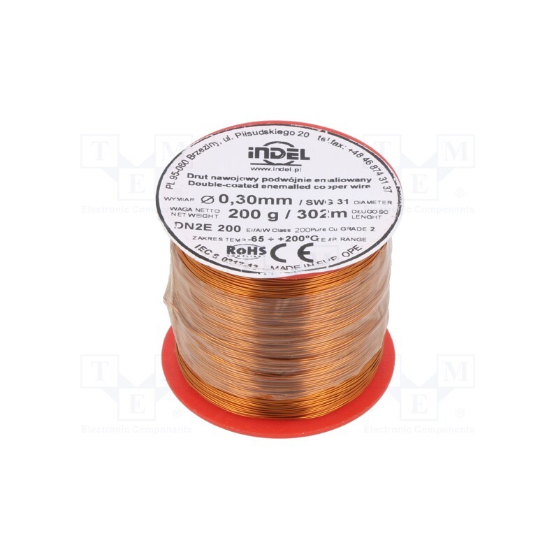 1 rol x INDEL - DN2E0,30-200G - Coil wire, double coated enamelled, 0.3mm, 0.2kg, -65÷200°C