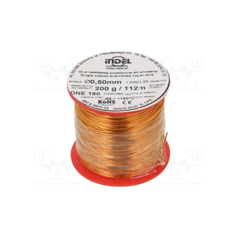 1 rol x INDEL - DNE0,50-200G - Coil wire, single coated enamelled, 0.5mm, 0.2kg, -65÷180°C