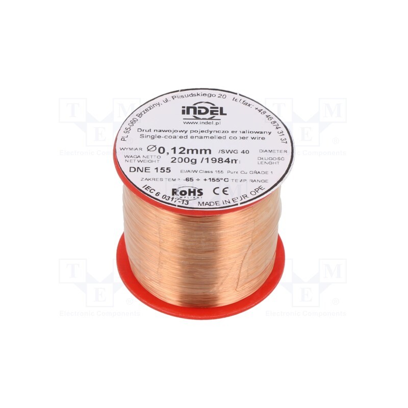 1 rol x INDEL - DNE0,12-200G - Coil wire, single coated enamelled, 0.12mm, 0.2kg, -65÷155°C