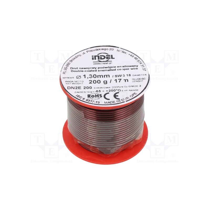 1 rol x INDEL - DN2E1,30-200G - Coil wire, double coated enamelled, 1.3mm, 0.2kg, -65÷200°C