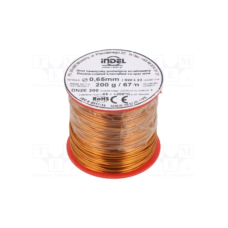 1 rol x INDEL - DN2E0,65-200G - Coil wire, double coated enamelled, 0.65mm, 0.2kg, -65÷200°C