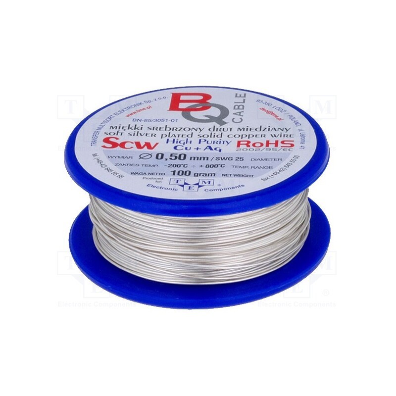 1 rol x BQ CABLE - SCW-1.10/100 - Silver plated copper wires, 1.1mm, 100g, Cu,silver plated, 11.5m