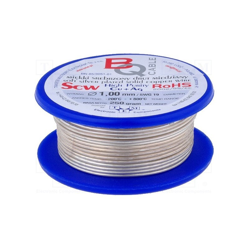 1 rol x BQ CABLE - SCW-1.00/100 - Silver plated copper wires, 1mm, 100g, Cu,silver plated, 14m