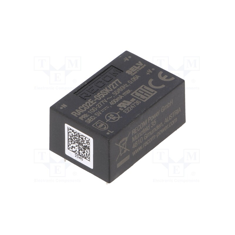 1 pcs x RECOM - RAC02E-05SK/277 - Converter: AC/DC, 2W, 85÷305VAC, 5VDC, Iout: 400mA, 72%, PCB, 4000V