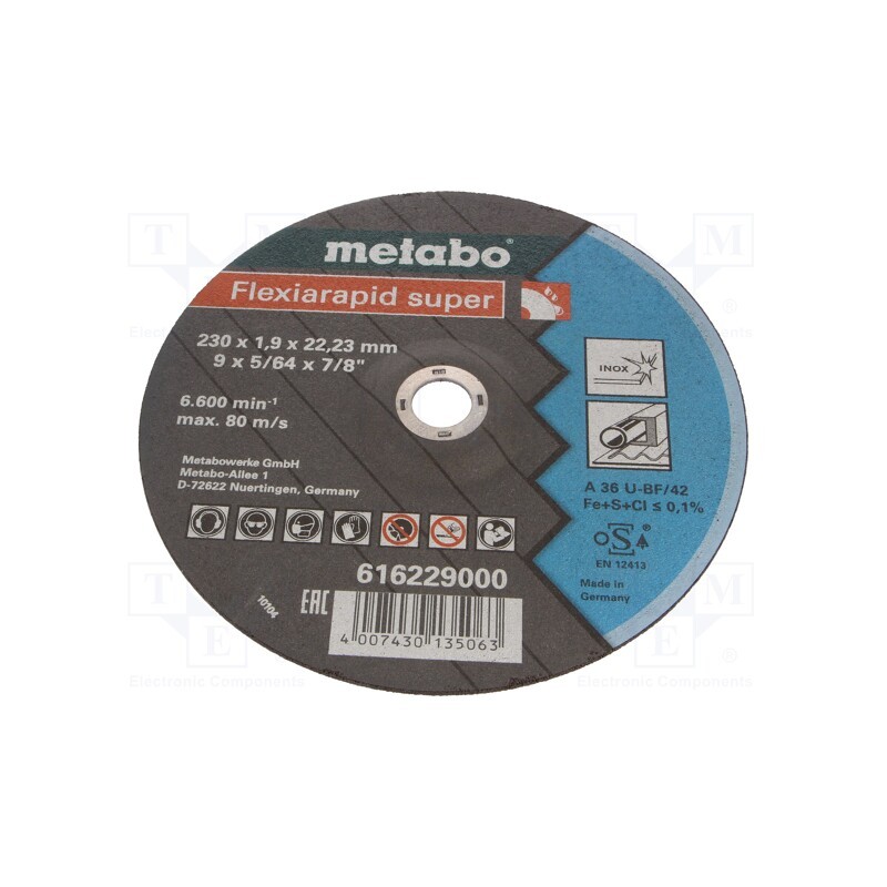 1 pcs x METABO - 616229000 - Cutting wheel, Ø: 230mm, Øhole: 22.23mm, Disc thick: 1.9mm