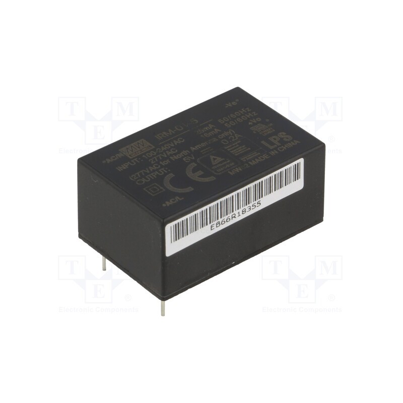 1 pcs x MEAN WELL - IRM-01-5 - Converter: AC/DC, 1W, 85÷305VAC, Usup: 120÷430VDC, Uout: 5VDC, OUT: 1