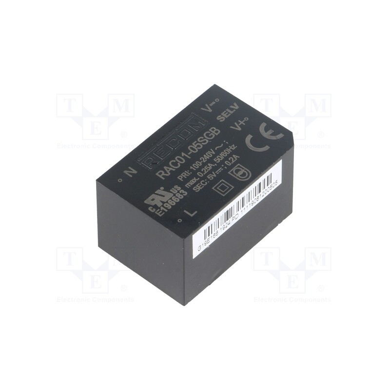 1 pcs x RECOM - RAC01-05SGB - Converter: AC/DC, 1W, 85÷264VAC, 5VDC, Iout: 200mA, 63%, PCB, 3000V