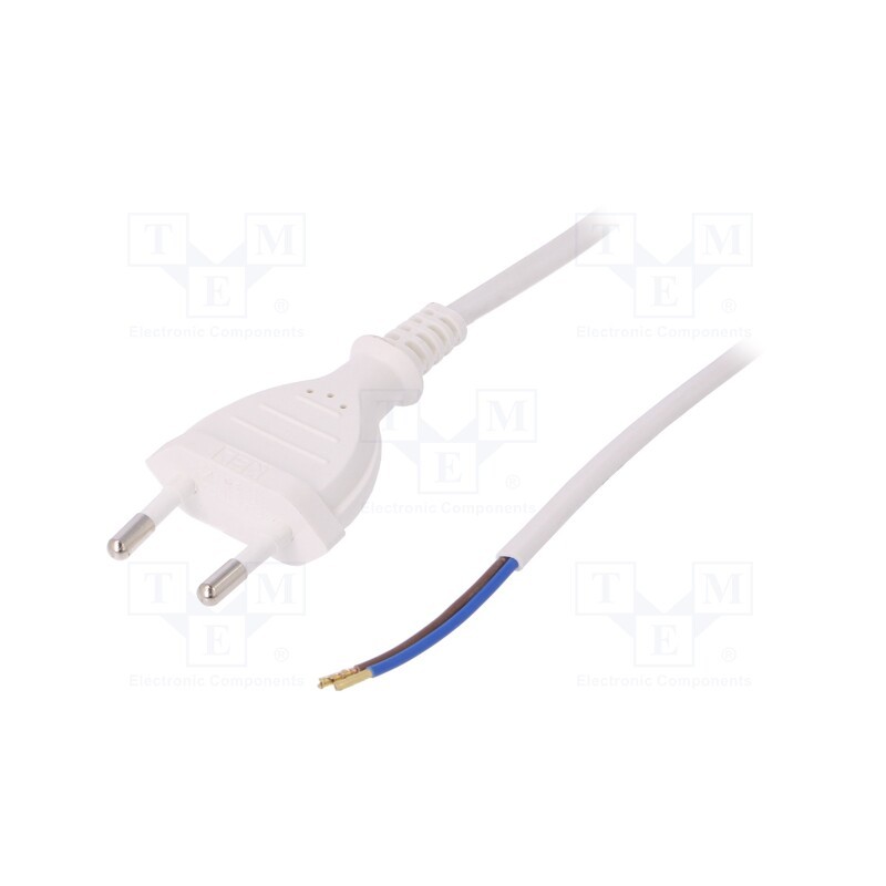 1 pcs x PLASTROL - W-97137 - Cable, 2x0.5mm2, CEE 7/16 (C) plug,wires, PVC, 2m, white, 2.5A