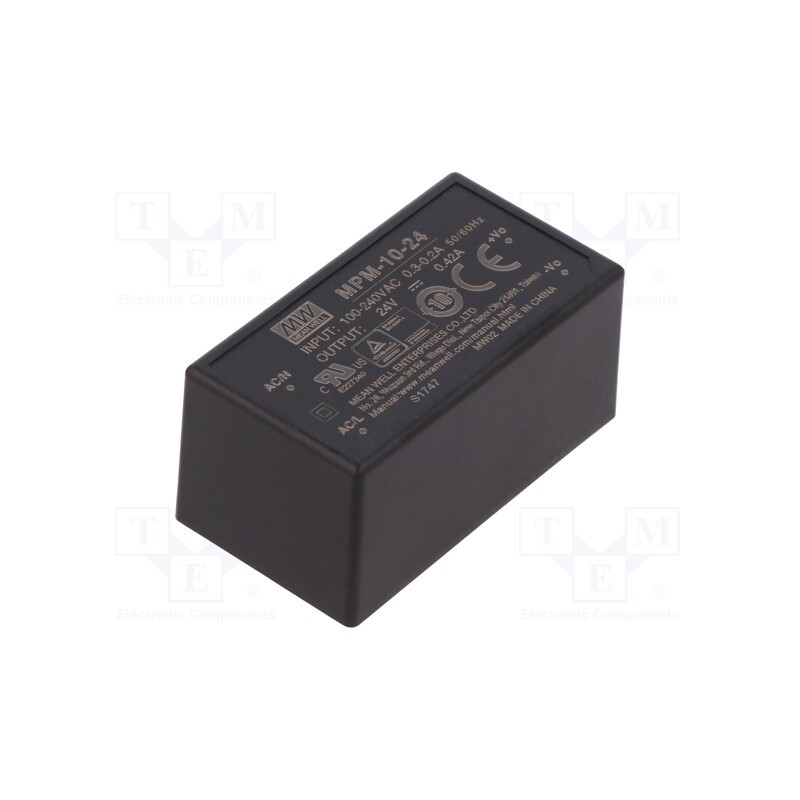 1 pcs x MEAN WELL - MPM-10-24 - Converter: AC/DC, 10W, 80÷264VAC, 24VDC, Iout: 420mA, OUT: 1, 84%, PCB
