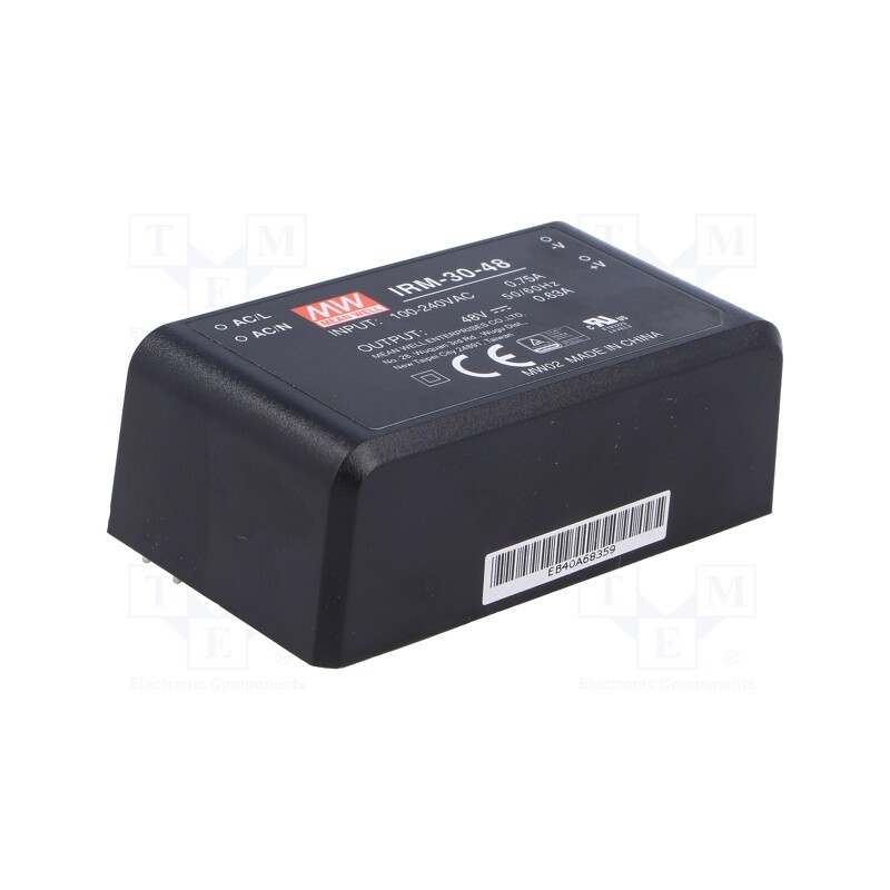 1 pcs x MEAN WELL - IRM-30-48 - Converter: AC/DC, 30.2W, 85÷264VAC, 48VDC, Iout: 630mA, OUT: 1, 90%