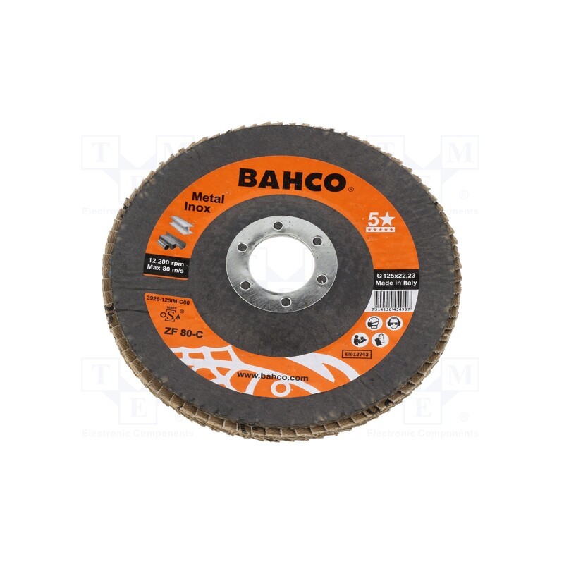 1 pcs x BAHCO - 3926-125IM-C80 - Flap grinding wheels, Ø: 125mm, Øhole: 22.23mm, Granularity: 80