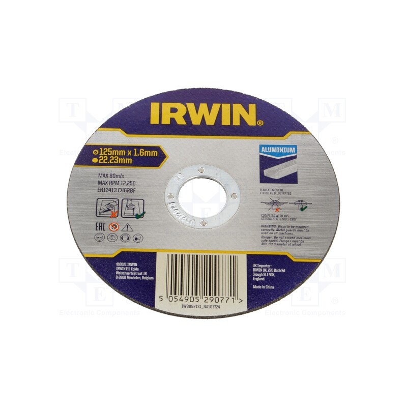 1 pcs x IRWIN - IW8082131 - Cutting wheel, Ø: 125mm, Øhole: 22.23mm, aluminium