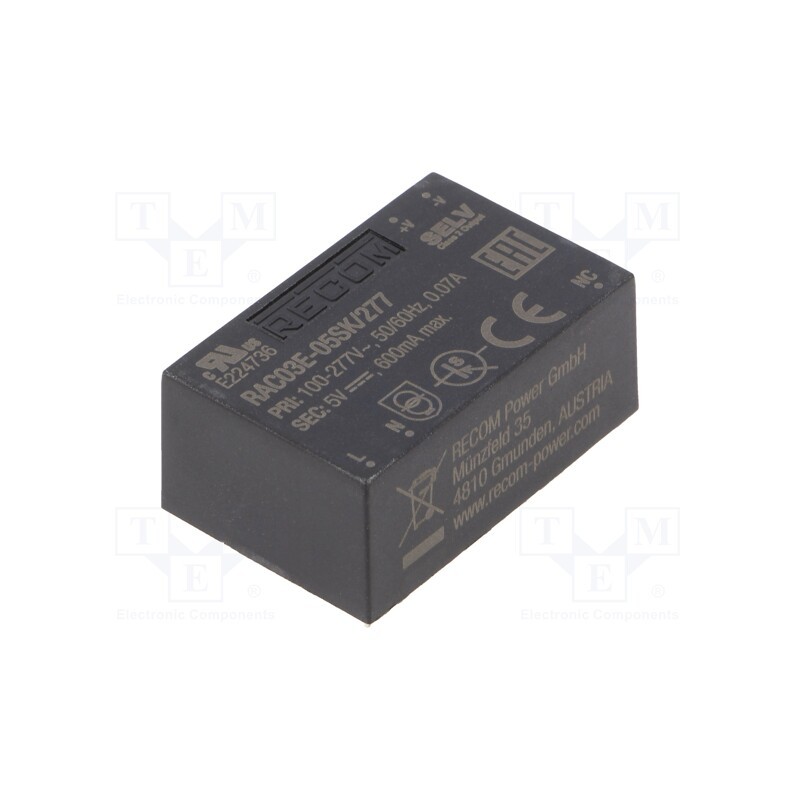 1 pcs x RECOM - RAC03E-05SK/277 - Converter: AC/DC, 3W, 85÷305VAC, 5VDC, Iout: 600mA, 73%, PCB, 4000V