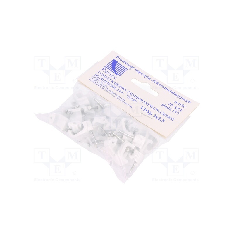 1 pcg x PAWBOL - H.7018A -25 -AS - Holder, white, for flat cable,YDYp 3x2,5, 25pcs, with a nail