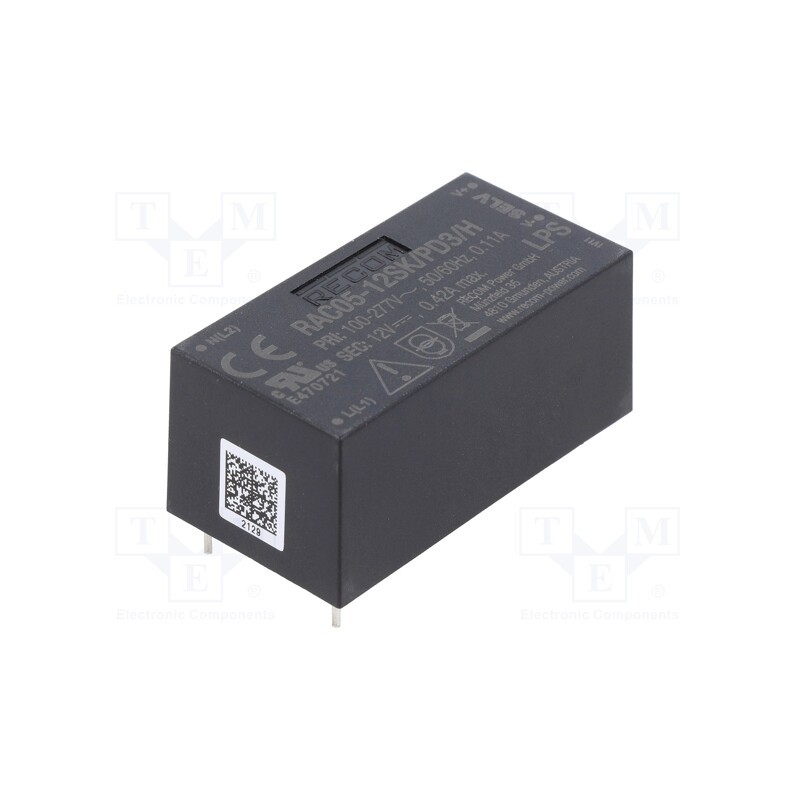 1 pcs x RECOM - RAC05-12SK/PD3/H - Converter: AC/DC, 5W, 90÷318VAC, 12VDC, Iout: 420mA, 74%, PCB, 5400V