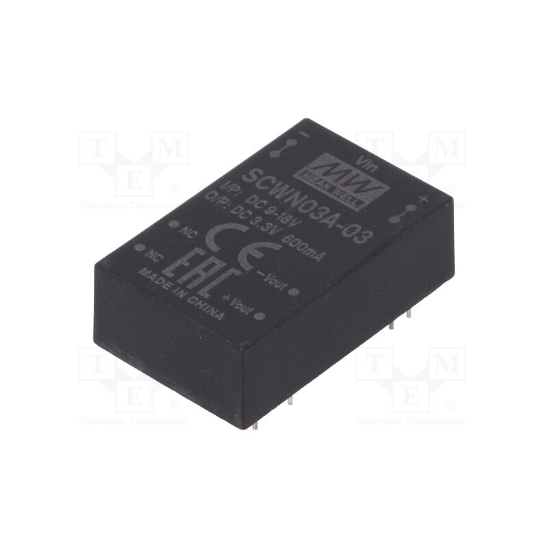 1 pcs x MEAN WELL - SCWN03A-03 - Converter: DC/DC, 3W, Uin: 9÷18V, Uout: 3.3VDC, Iout: 600mA, DIP24