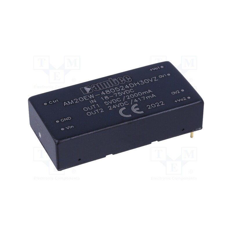 1 pcs x AIMTEC - AM20EW-480524DH30VZ - Converter: DC/DC, 20W, Uin: 18÷75V, Uout: 5VDC, Uout2: 24VDC, Iout: 2A